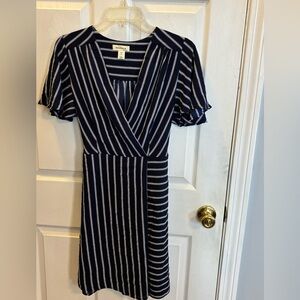 Monteau Navy and White Striped Wrap-Style Midi Dress
